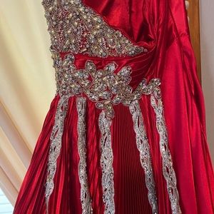 Red Mac Duggal strapless dress